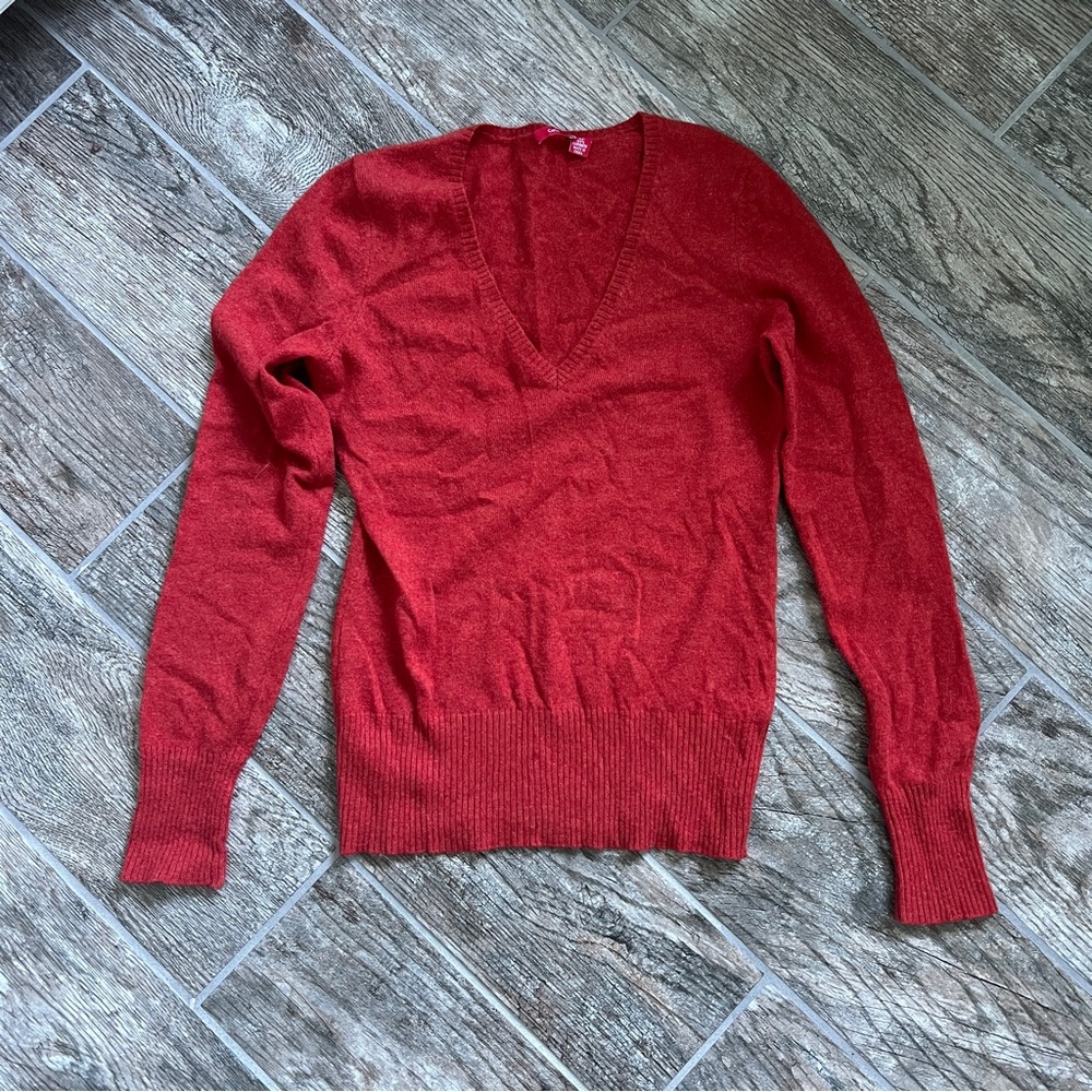 Cece 100% Cashmere Long Sleeved Sweater, V Neck, Orange, Women’s Medium